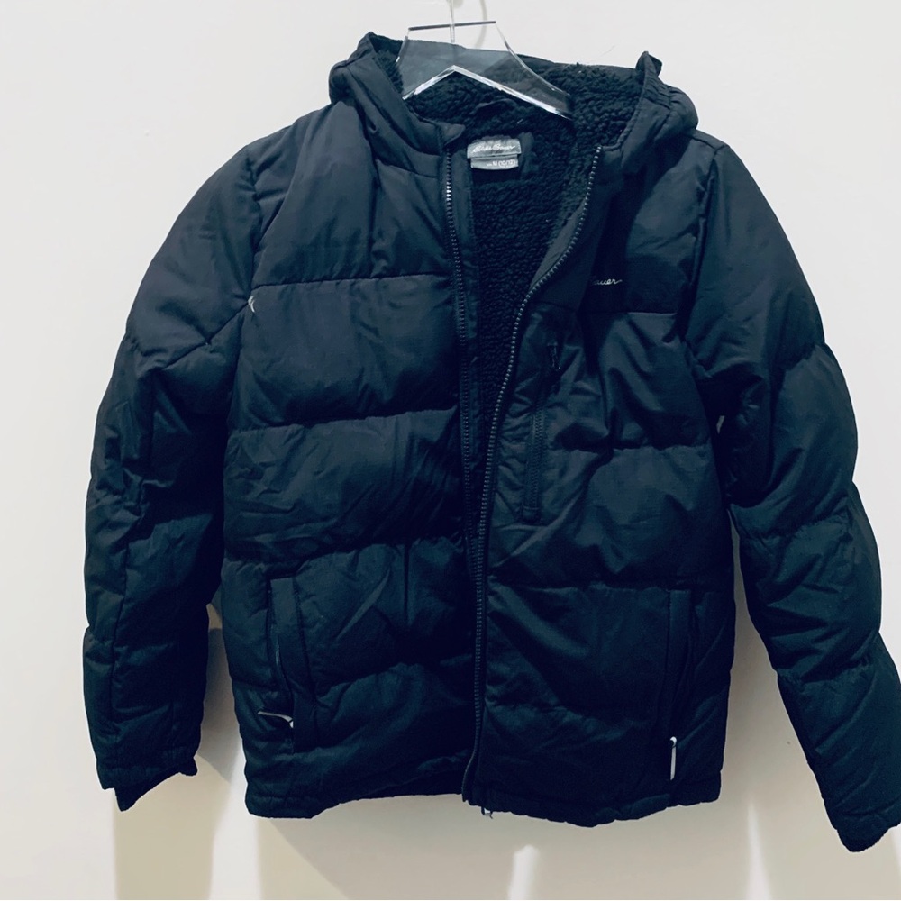 Eddie Bauer Boys Hooded Sherpa Lined Down Puffer Coat Size Medium 10/12